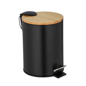 Cos de gunoi cu pedala, Wenko, Tortona, easy-close, 17 x 21 x 23.5 cm, 3 L, inox/bambus/polipropilena, negru/natur