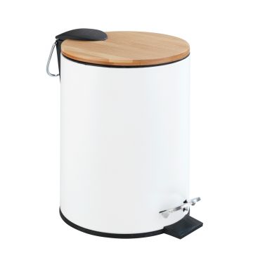Cos de gunoi cu pedala, Wenko, Tortona Easy Close, 3 L, 21 x 23.5 x 17 cm, inox/bambus, alb/maro