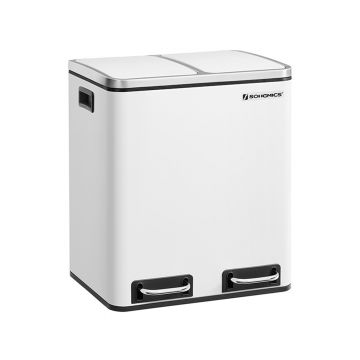 Cos de gunoi cu pedala 2 x 15 L, Songmics, inchidere soft close, igienic, etans, 41x36x47 cm, otel, alb