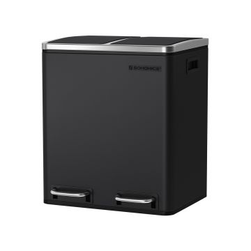 Cos de gunoi cu pedala 2 x 15 L, Songmics, inchidere soft close, igienic, etans, 41x36x47 cm, otel, negru