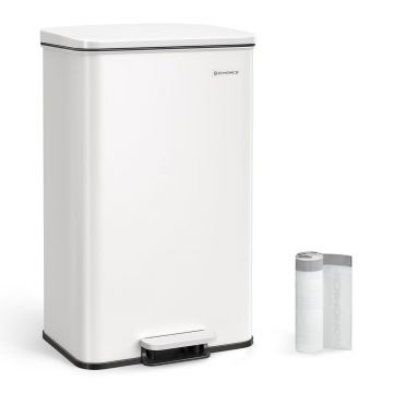 Cos de gunoi cu pedala 40 L, Songmics, inchidere soft close, include 15 saci de gunoi, 34.5x32x59.5 cm, otel, alb
