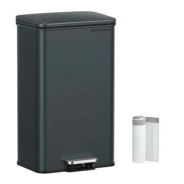 Cos de gunoi cu pedala 40 L, Songmics, inchidere soft close, include 15 saci de gunoi, 34.5x32x59.5 cm, otel, negru
