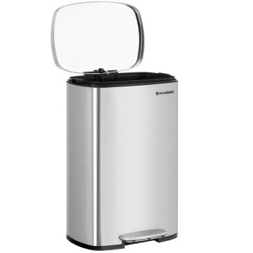 Cos de gunoi cu pedala 50 L, Songmics, inchidere soft close, capac cu balamale, igienic, etans, 43.2x37.1x63.2 cm, otel, argintiu