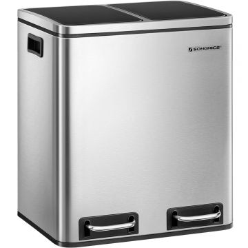 Cos de gunoi din inox cu 2 compartimente colectare selectiva, cu galeti interioare, 2x15litri, argintiu si negru