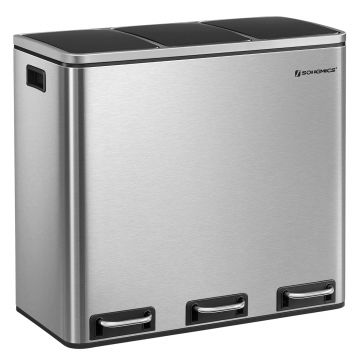 Cos de gunoi din inox cu 3 compartimente colectare selectiva, cu galeti interioare, 3x18litri, argintiu si negru