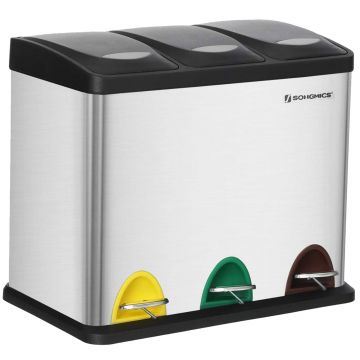 Cos de gunoi din inox cu 3 compartimente colectare selectiva, cu galeti interioare, 3x8litri, argintiu si negru