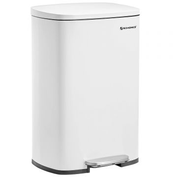 Cos de gunoi din otel cu pedala, galeata interioara plastic, capac inchidere lenta, 50L, 43x32x66cm, alb