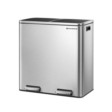Cos de gunoi dublu cu pedala, Songmics, 2 x 30 L, 58.5x36x65.2 cm, inox/polipropilena, argintiu