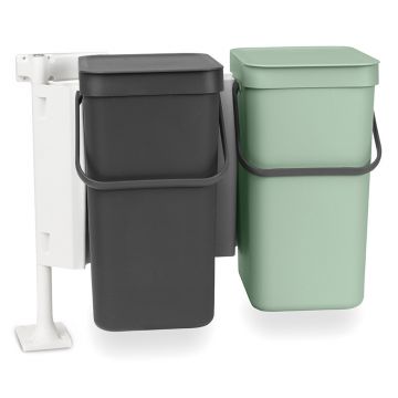 Cos de gunoi incorporat, Brabantia, Sort&Go, 2x12 L, 35x52x43 cm, polipropilena, gri inchis/verde jad