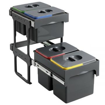 Cos de gunoi Tandem Short incorporabil, colectare selectiva, cu 2 compartimente x 15 litri si 2 compartimente x 12 litri