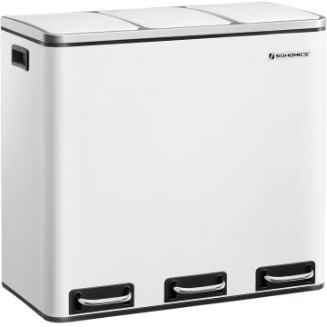 Cos de reciclare cu 3 compartimente, Songmics, 3 x 18 L, 61x31.5x56 cm, inox/polipropilena, alb