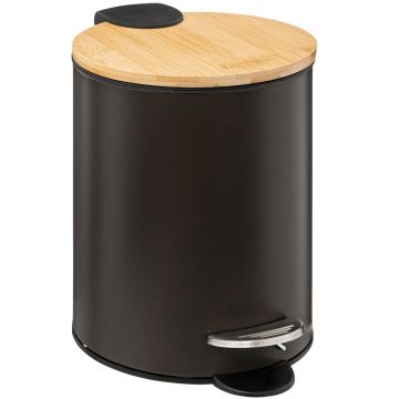 Cos gunoi 5Five Modern Color cu capac bambus si sistem soft-close, otel, polipropilena si bambus, 3L, 22x17x23 cm, negru