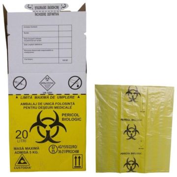 Cutie cu Sac Biohazard pentru Colectarea Deseurilor Medicale Infectioase, 20 l