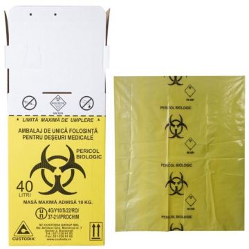 Cutie cu Sac Biohazard pentru Colectarea Deseurilor Medicale Infectioase, 40 l