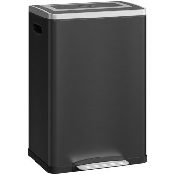 HOMCOM Coș de Gunoi cu 2 Secțiuni de 20L cu Pedală și Capac cu Închidere Moale, din Oțel Inoxidabil și PP, 40x34.8x59 cm, Negru | Aosom Romania
