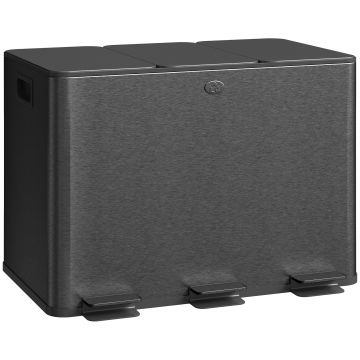 HOMCOM Coș de Gunoi cu 3 Secțiuni de 20L cu Pedală și 2 Capace cu Închidere Silențioasă, Coș de Gunoi din Oțel Inoxidabil și PP, 61.9x36.6x56.7 cm, Negru | Aosom Romania
