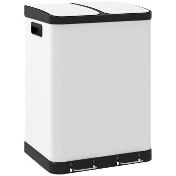 HOMCOM Coș de gunoi de bucătărie 2 x 30L cu pedala din oțel inoxidabil, 2 compartimente, capac cu închidere moale, 60L, alb | Aosom Romania
