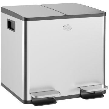 HOMCOM Coș de gunoi de bucătărie dublu, 2 x 15L, 2 coperți cu închidere ușoară, găleți interioare detașabile și mânere | Aosom Romania