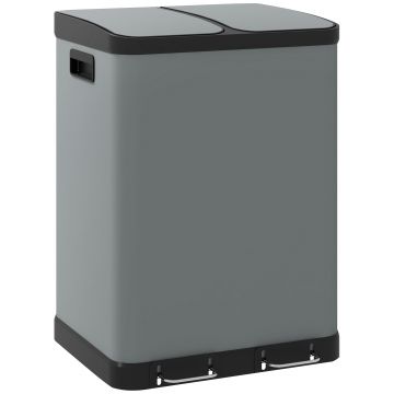 HOMCOM Coș de gunoi dublu, 2 x 30L, rezistent la amprente, Pedală, tăvi interioare detașabile, Gri | Aosom Romania