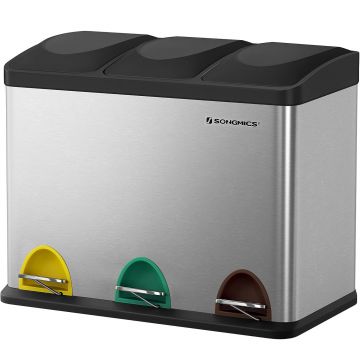 Cos de gunoi din inox cu 3 compartimente colectare selectiva, cu galeti interioare, 3x15litri, argintiu si negru