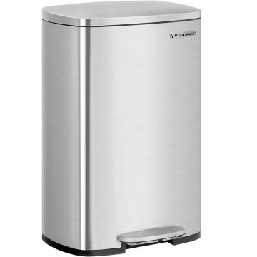 Cos de gunoi din otel, cu pedala si soft-close, galeata interioara, 50 litri, argintiu