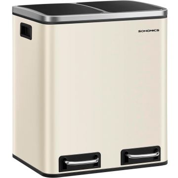 Cos de gunoi dublu 41x32x47 cm, 2x15L, pedale separate, capac soft-close si galeata detasabila, bej si negru