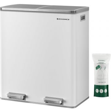 Cos gunoi dublu 59x32x65 cm, 2x30L, cu pedale si galeata detasabila, alb