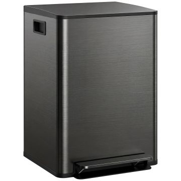 HOMCOM Coș de gunoi de bucătărie 2 compartimente 2 x 30L, oțel inoxidabil, capac cu închidere silențioasă, 47,7x37,5x66,8cm, negru | Aosom Romania